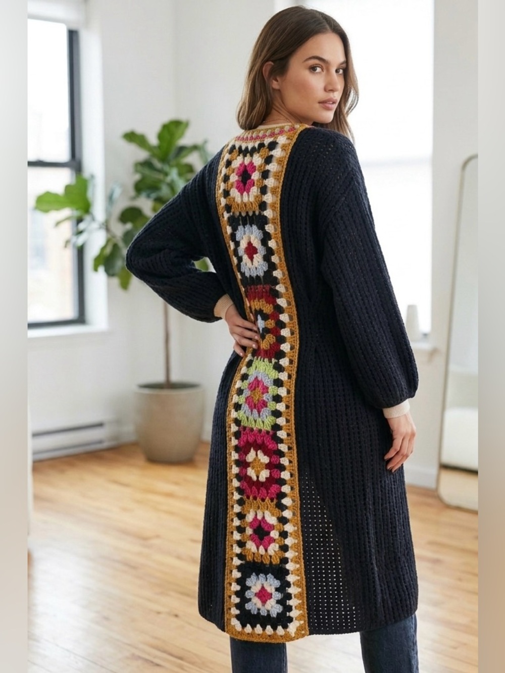 Anthropologie Crochet Duster Cardigan | Boho Granny Square- Long Open Knit